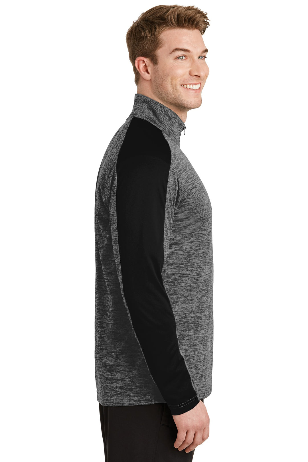 Grey-Blk E/Blk Sport-Tek PosiCharge Electric Heather Colorblock 1/4-Zip Pullover. ST397
