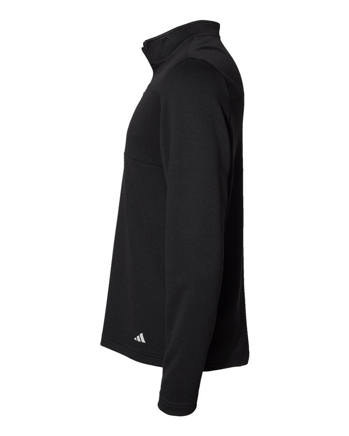 Left View of Black/ Grey Two 3-Stripes Double Knit Quarter-Zip Pullover - A482