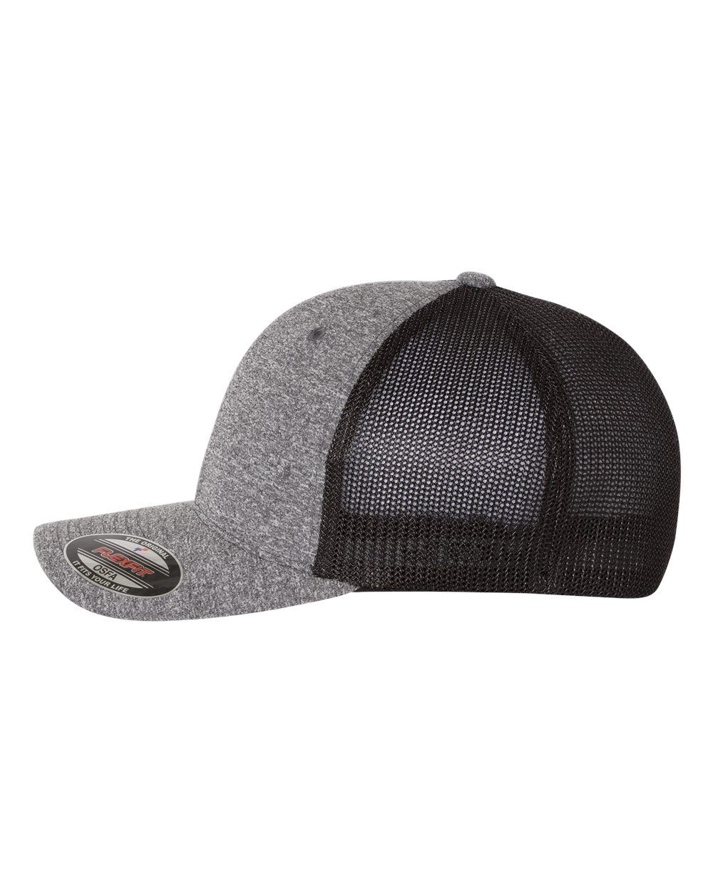 Left View of Dark Heather Grey/ Black Mélange Trucker Cap - 6311