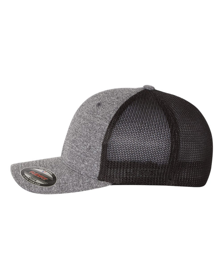 Left View of Dark Heather Grey/ Black Mélange Trucker Cap - 6311