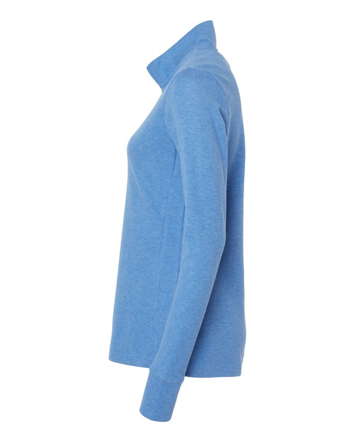 Left View of Focus Blue Melange Women's 3-Stripes Quarter-Zip Sweater - A555