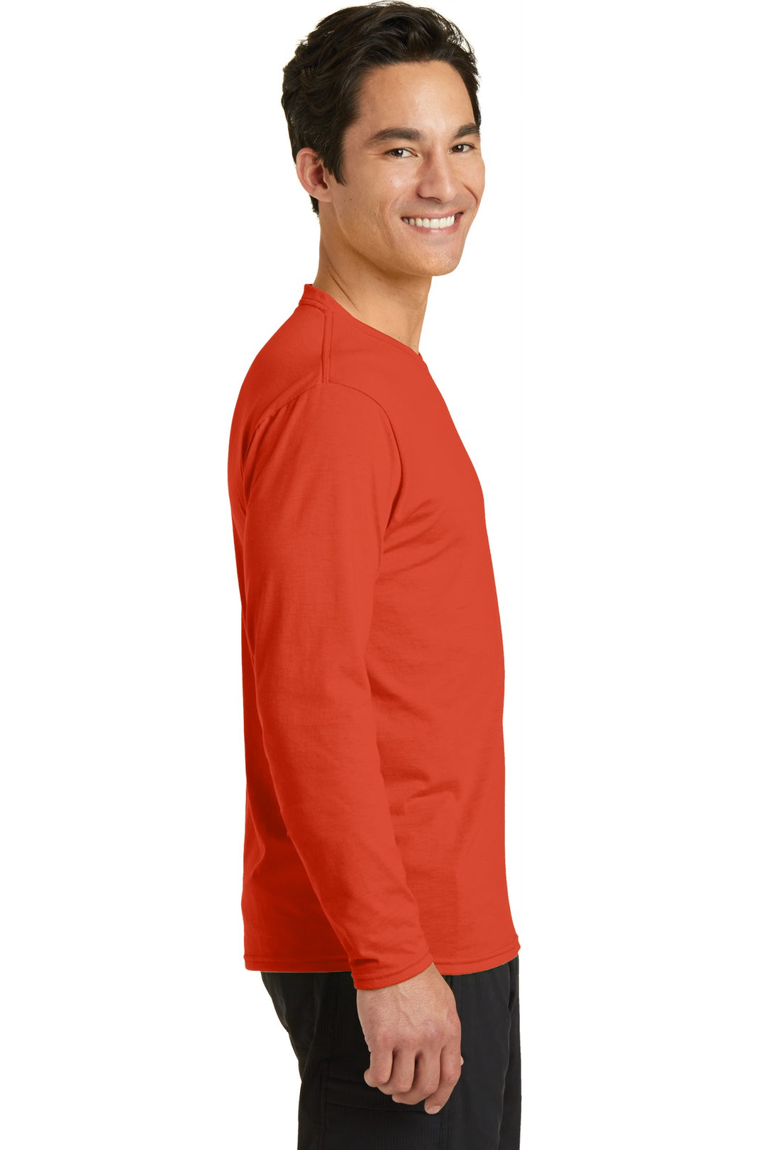 Orange Port & Company Long Sleeve Performance Blend Tee. PC381LS