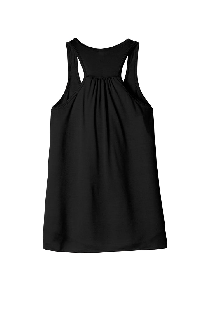 Rear View of Black BELLA+CANVAS Women's Flowy Racerback Tank. BC8800