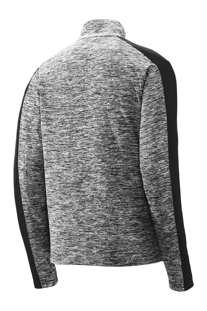 Rear View of Black El/Black Sport-Tek PosiCharge Electric Heather Colorblock 1/4-Zip Pullover. ST397