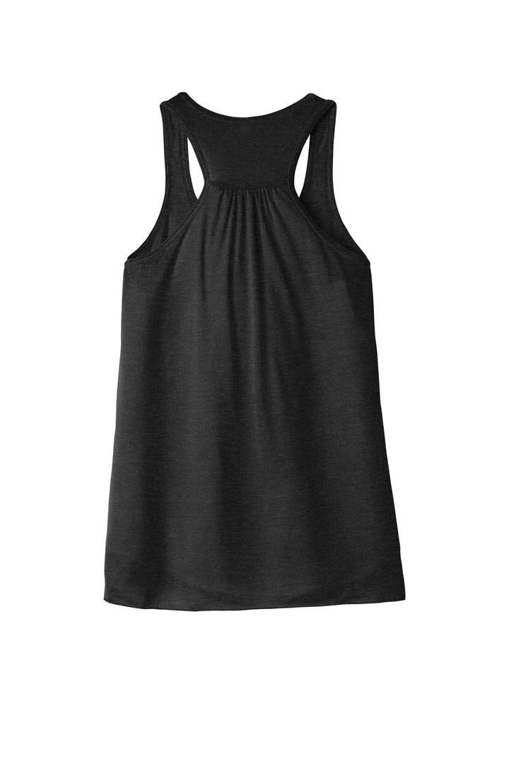 Rear View of Black Ht BELLA+CANVAS Women's Flowy Racerback Tank. BC8800