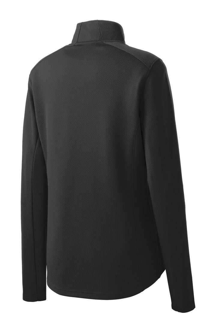 Rear View of Black Sport-Tek Women's Sport-Wick Textured 1/4-Zip Pullover. LST860