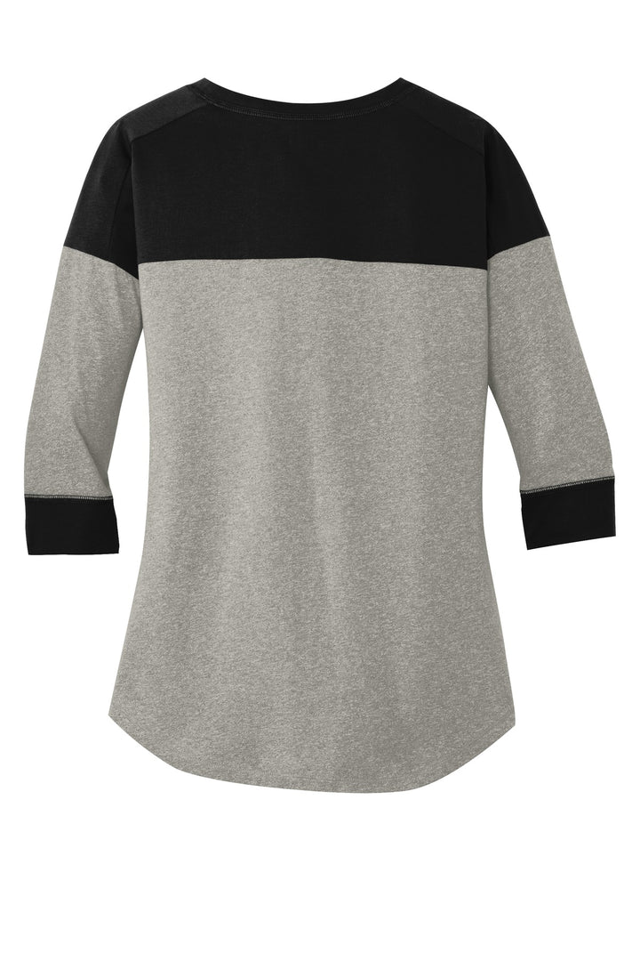Rear View of Black/Rain GyH New Era Women's Heritage Blend 3/4-Sleeve Baseball Raglan Tee. LNEA104