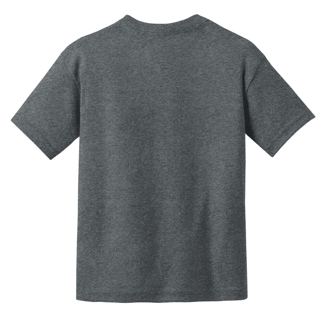 Rear View of Dark Heather Gildan Youth DryBlend 50 Cotton/50 Poly T-Shirt. 8000B