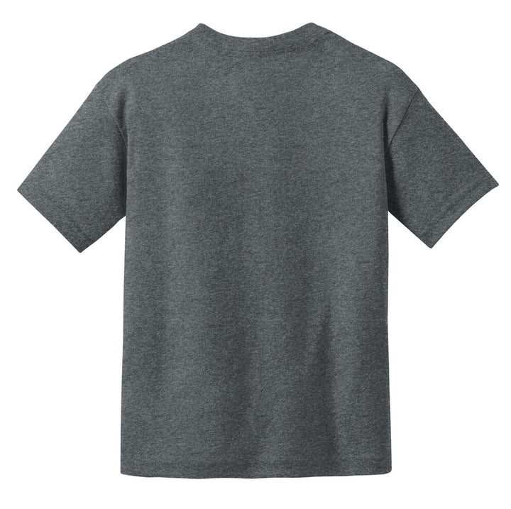 Rear View of Dark Heather Gildan Youth DryBlend 50 Cotton/50 Poly T-Shirt. 8000B