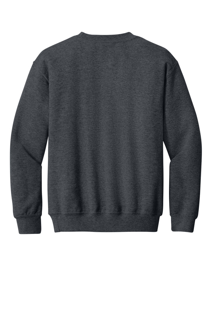 Rear View of DarkHthr Gildan Youth Heavy Blend Crewneck Sweatshirt. 18000B