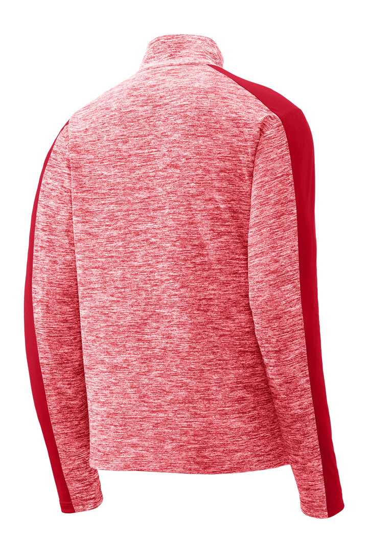 Rear View of Dp Red E/Dp Rd Sport-Tek PosiCharge Electric Heather Colorblock 1/4-Zip Pullover. ST397