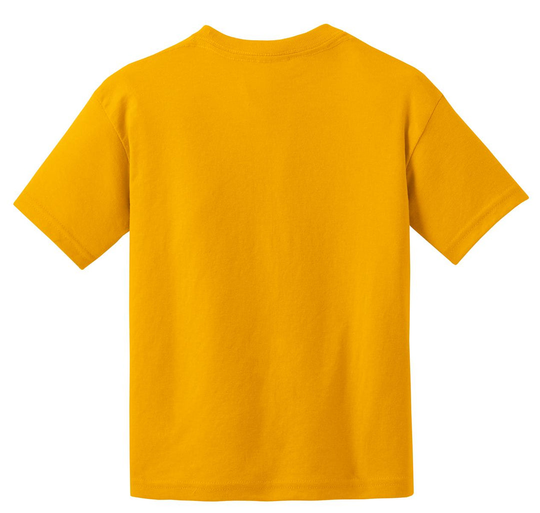 Rear View of Gold Gildan Youth DryBlend 50 Cotton/50 Poly T-Shirt. 8000B