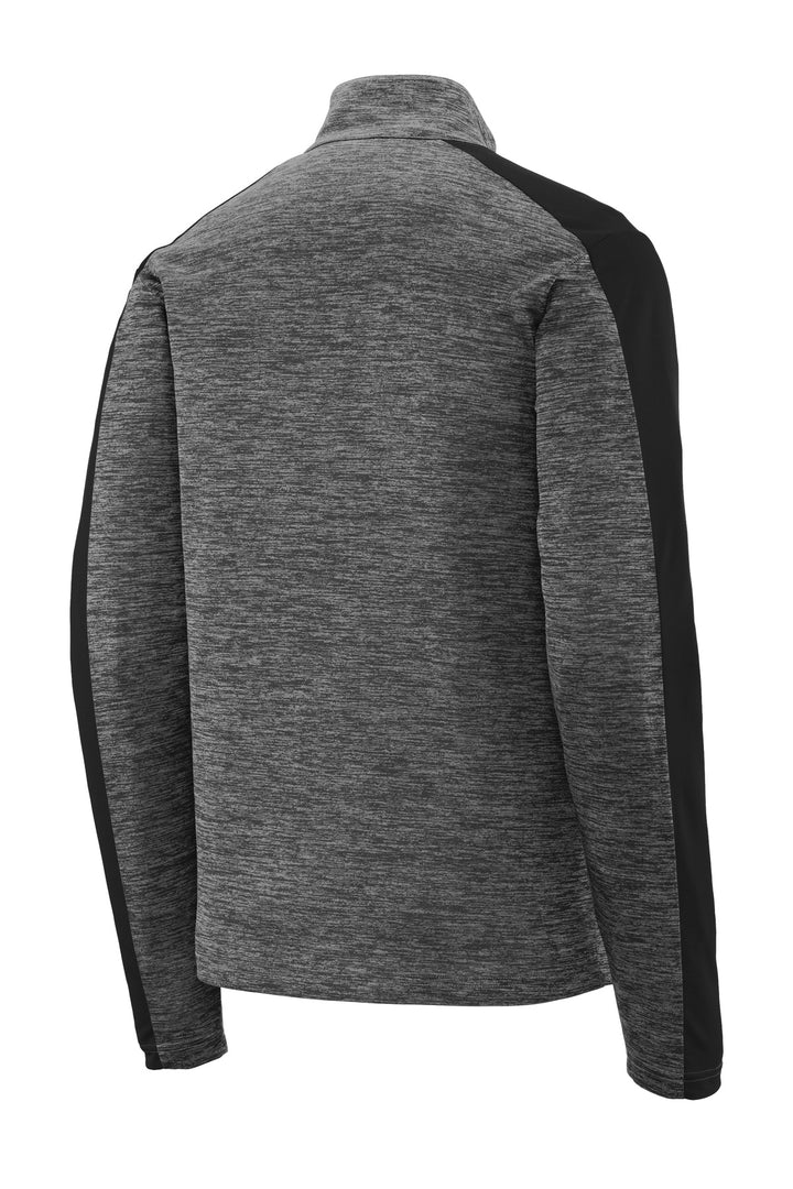 Rear View of Grey-Blk E/Blk Sport-Tek PosiCharge Electric Heather Colorblock 1/4-Zip Pullover. ST397