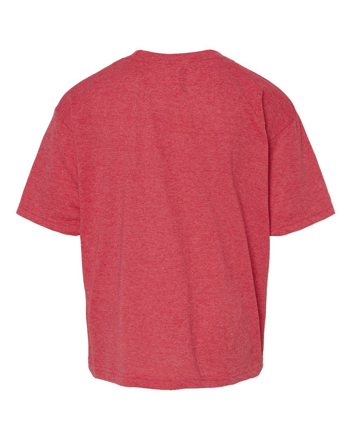 Rear View of Heather Red Youth Gold Soft Touch T-Shirt - 4850