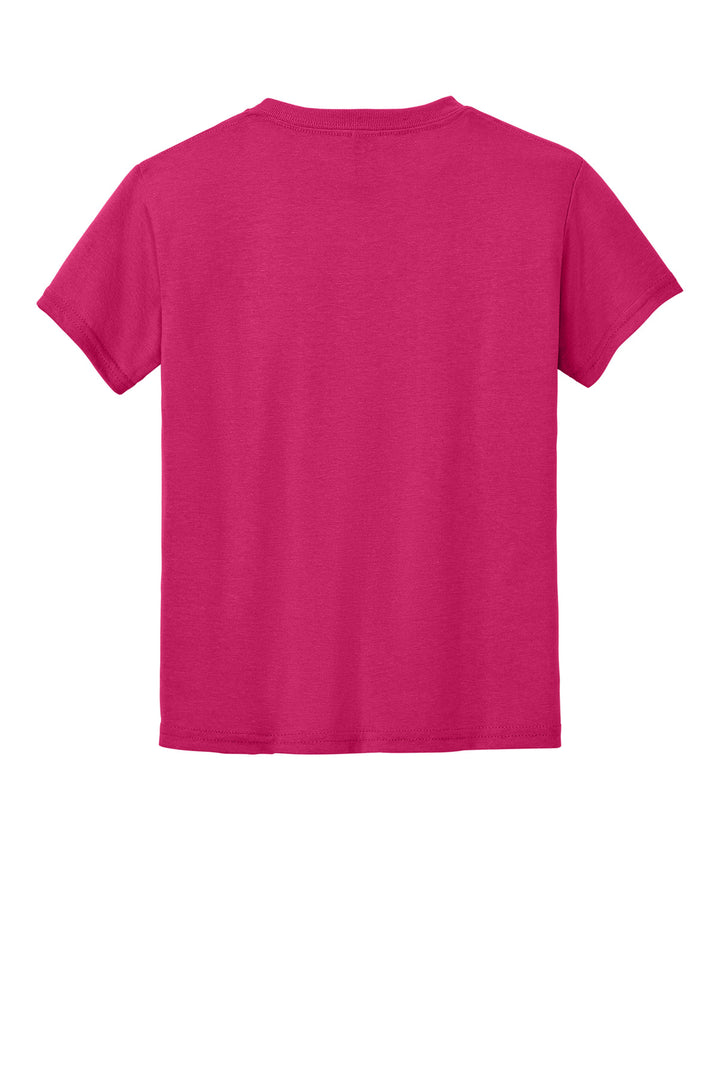 Rear View of Heliconia Gildan Youth DryBlend 50 Cotton/50 Poly T-Shirt. 8000B