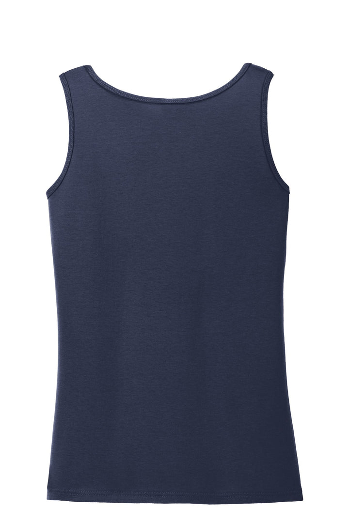 Rear View of Navy Gildan Softstyle Junior Fit Tank Top. 64200L