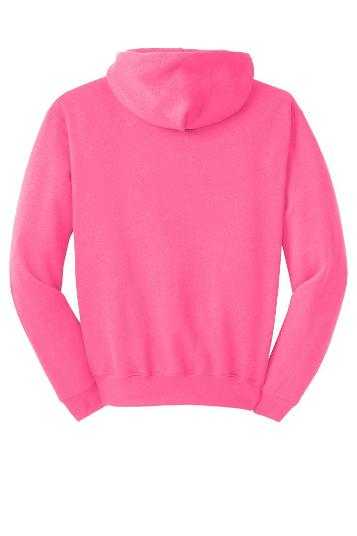 Rear View of Neon Pink Jerzees NuBlend Pullover Hooded Sweatshirt. 996M