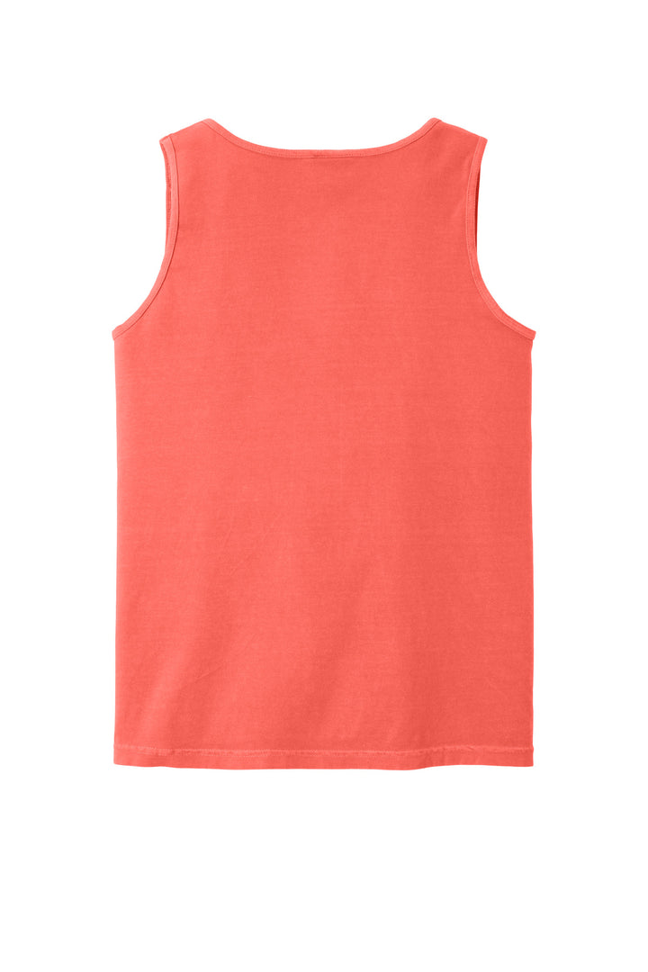 Rear View of Neon Red Orng COMFORT COLORS Heavyweight Ring Spun Tank Top. 9360