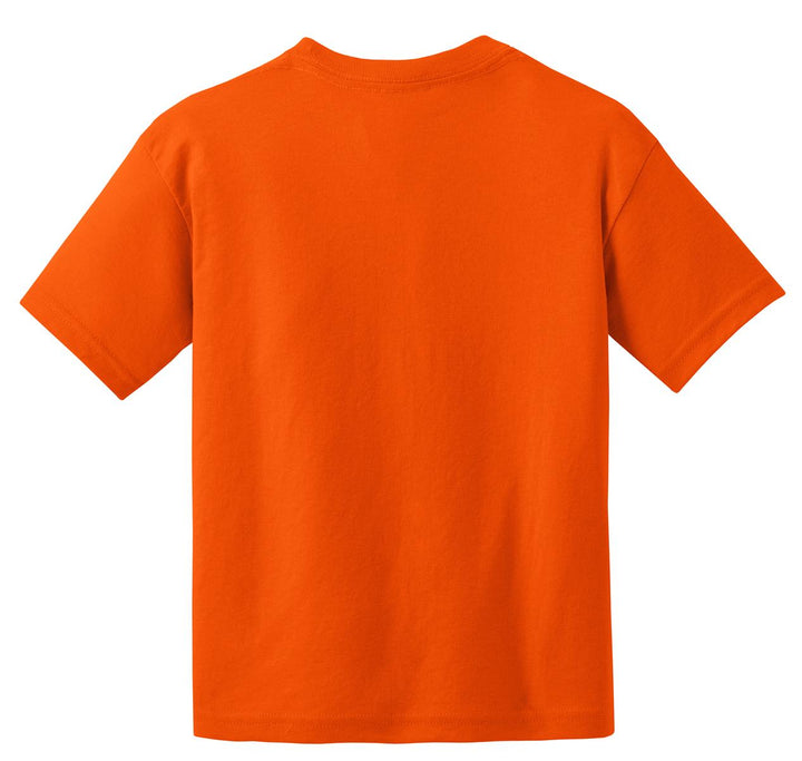 Rear View of Orange Gildan Youth DryBlend 50 Cotton/50 Poly T-Shirt. 8000B