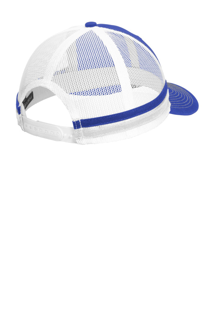 Rear View of Pa Bl/Pa Bl/Wh Port Authority Two-Stripe Snapback Trucker Cap. C113