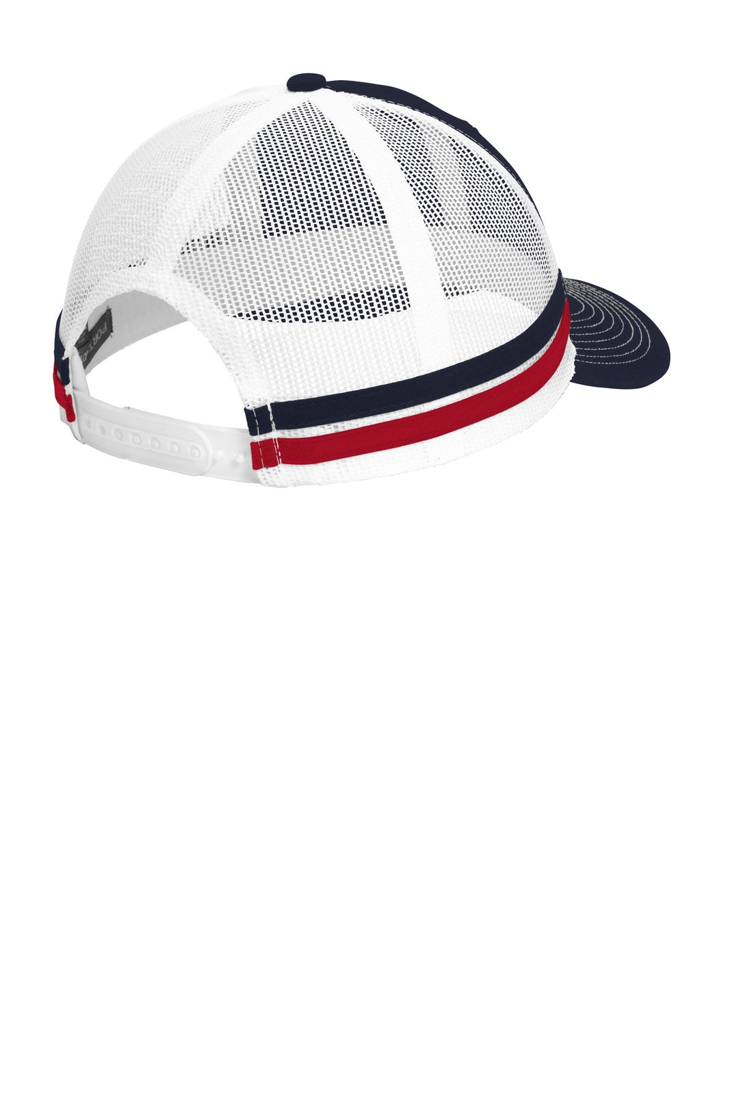 Rear View of R Nvy/Fl Rd/Wh Port Authority Two-Stripe Snapback Trucker Cap. C113