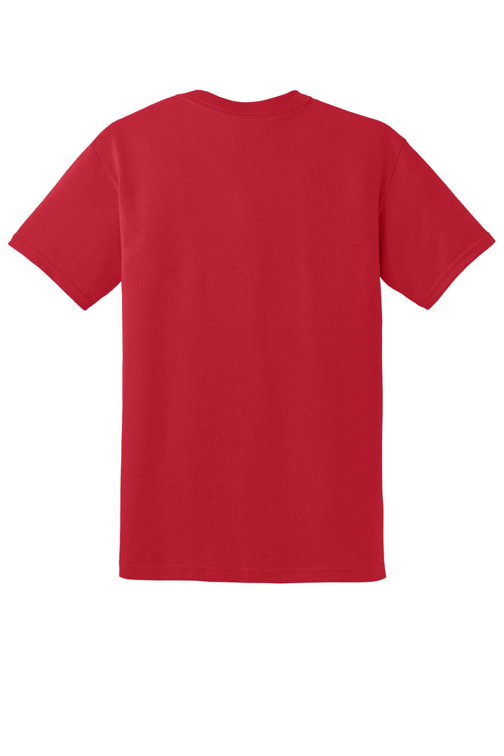 Rear View of Red Gildan DryBlend 50 Cotton/50 Poly T-Shirt. 8000