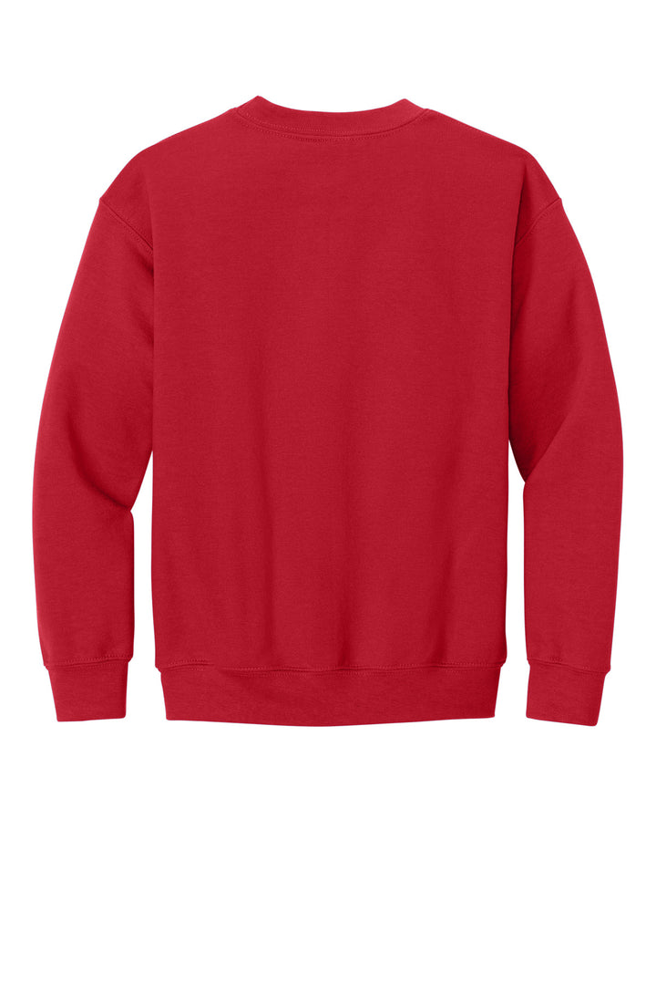 Rear View of Red Gildan Youth Heavy Blend Crewneck Sweatshirt. 18000B