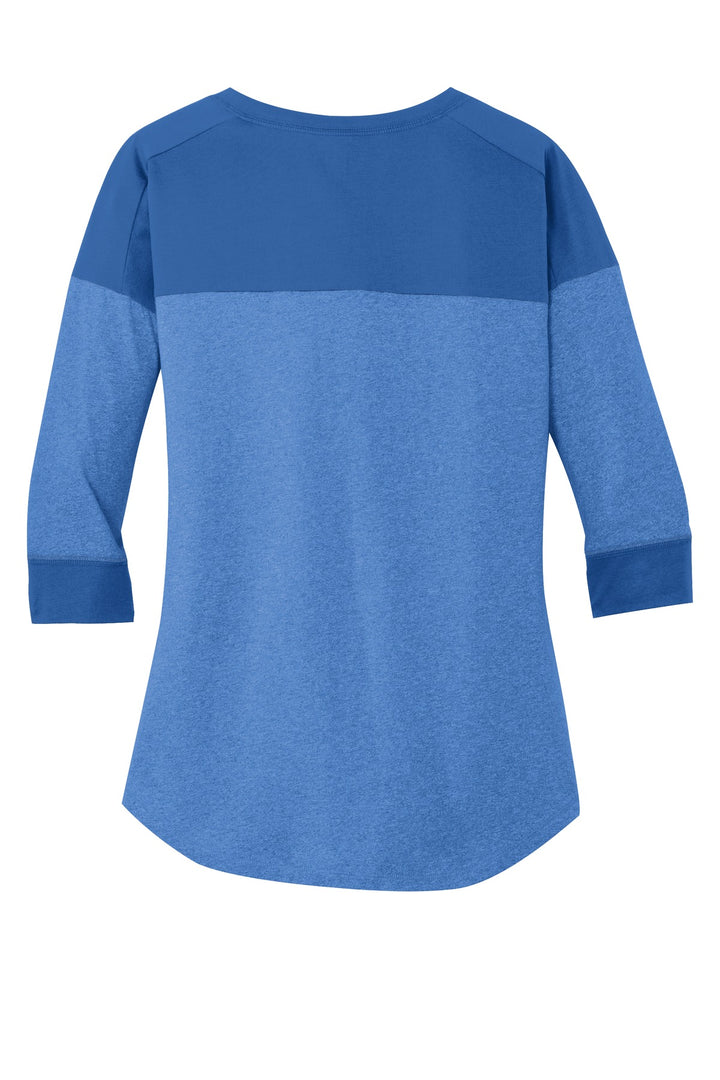Rear View of Royal/Royal He New Era Women's Heritage Blend 3/4-Sleeve Baseball Raglan Tee. LNEA104