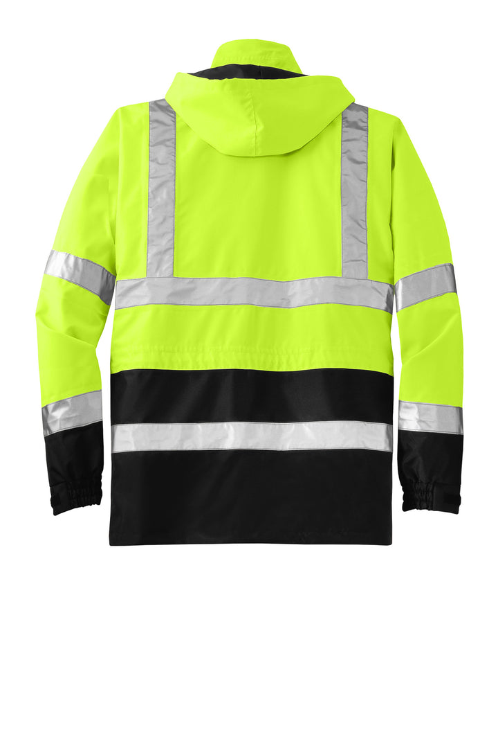 Rear View of Safety Yellow CornerStone - ANSI 107 Class 3 Waterproof Parka. CSJ24