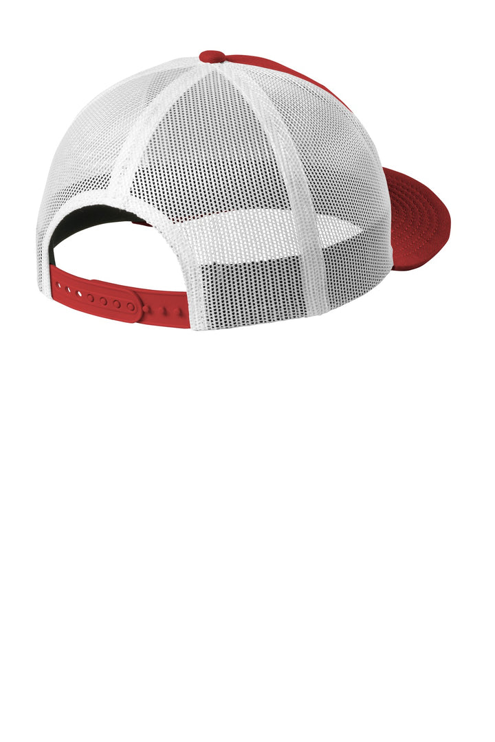 Rear View of Scarlet/White New Era Snapback Low Profile Trucker Cap NE207