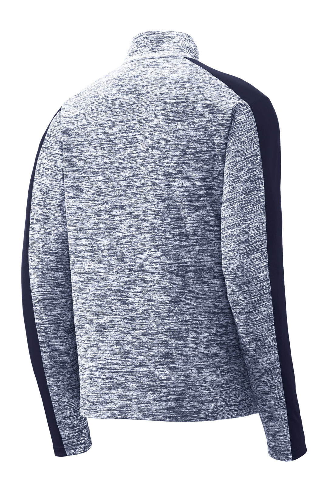 Rear View of Tr Navy E/T Ny Sport-Tek PosiCharge Electric Heather Colorblock 1/4-Zip Pullover. ST397