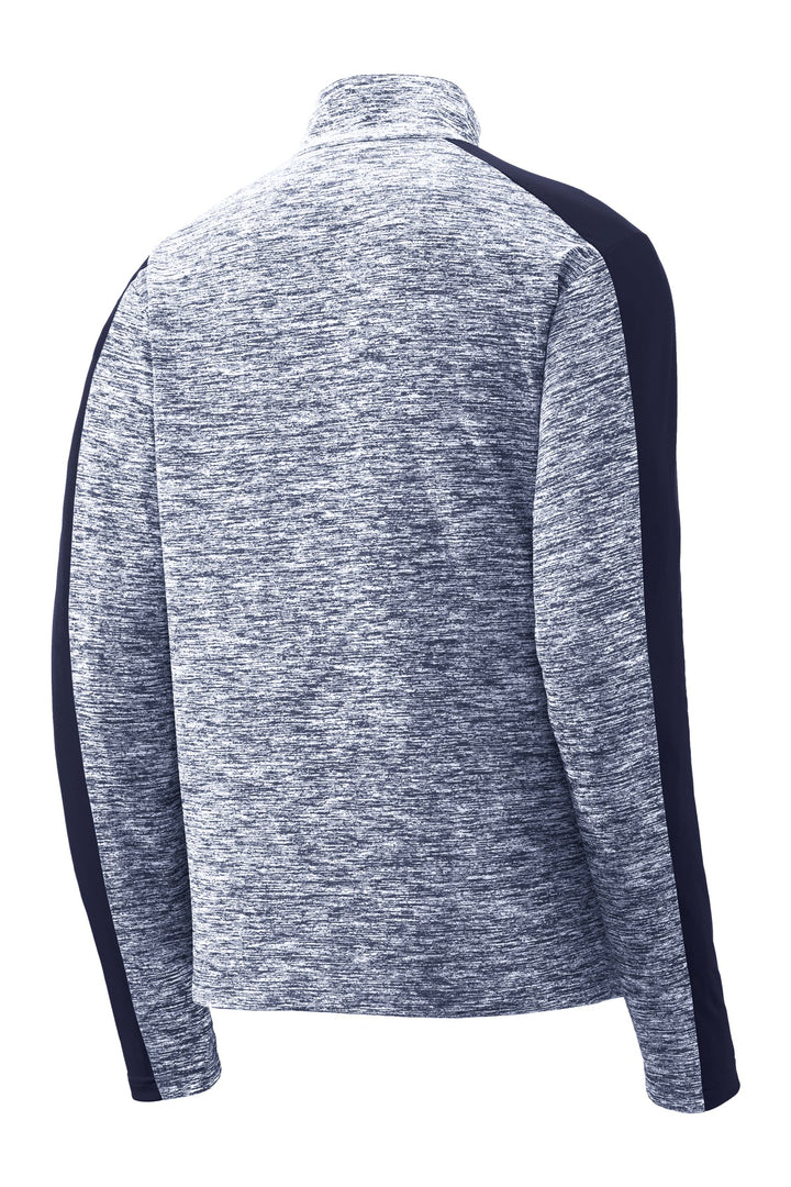 Rear View of Tr Navy E/T Ny Sport-Tek PosiCharge Electric Heather Colorblock 1/4-Zip Pullover. ST397