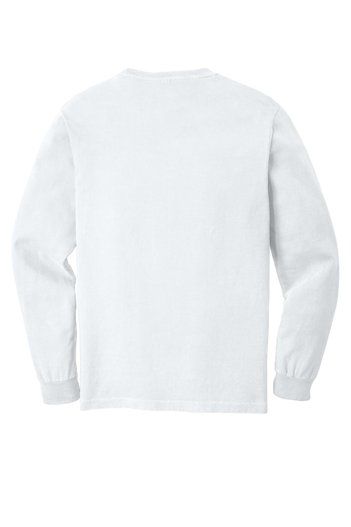 Rear View of White COMFORT COLORS Heavyweight Ring Spun Long Sleeve Pocket Tee. 4410