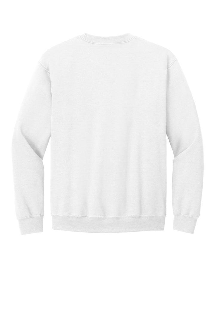 Rear View of White Gildan Heavy Blend Crewneck Sweatshirt. 18000