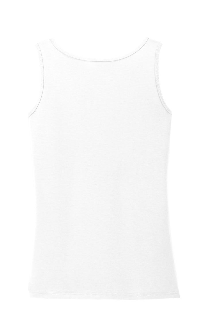 Rear View of White Gildan Softstyle Junior Fit Tank Top. 64200L