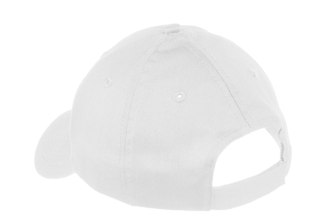 Rear View of White Port & Company Youth Six-Panel Twill Cap. YCP80