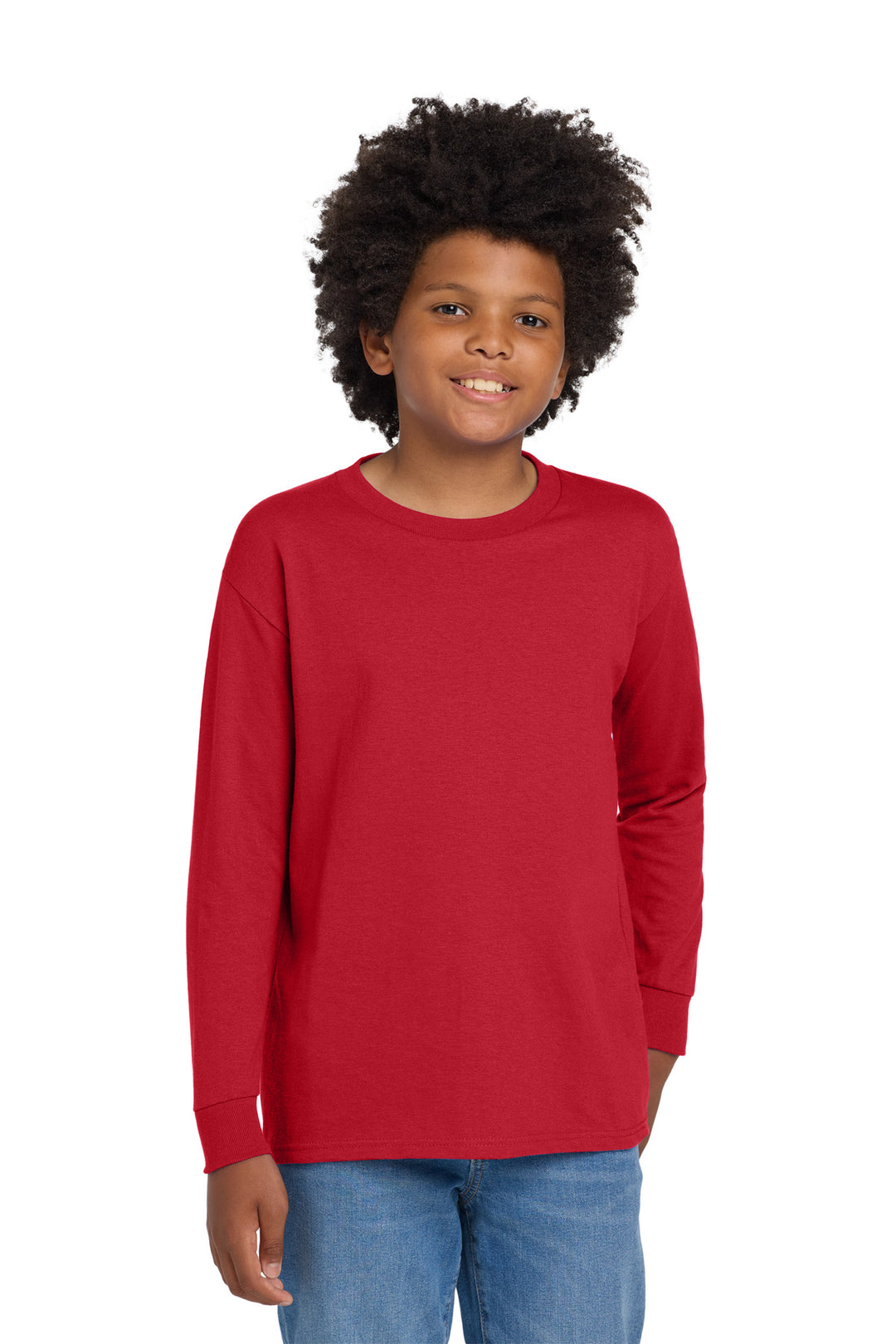 Red Gildan Youth Heavy Cotton 100% Cotton Long Sleeve T-Shirt. 5400B