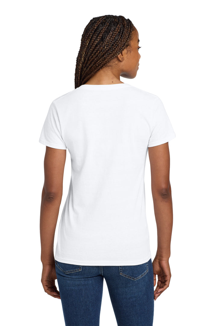 White Gildan Women's Heavy Cotton 100% Cotton V-Neck T-Shirt. 5V00L