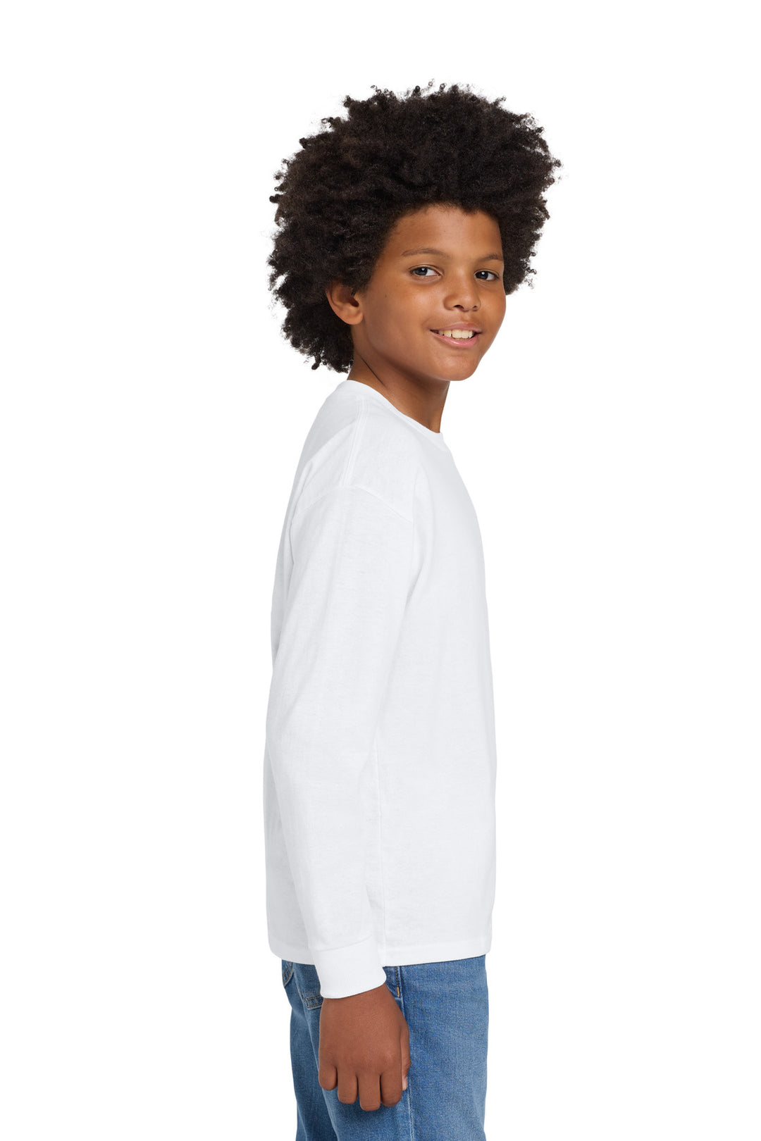 White Gildan Youth Heavy Cotton 100% Cotton Long Sleeve T-Shirt. 5400B